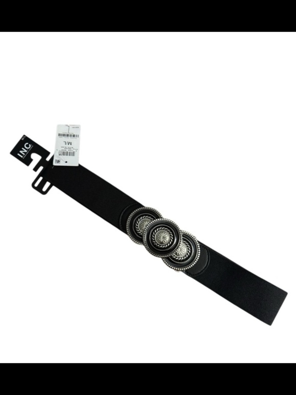INC International Concepts Black Stretch Belt with Silver Medallion Accents